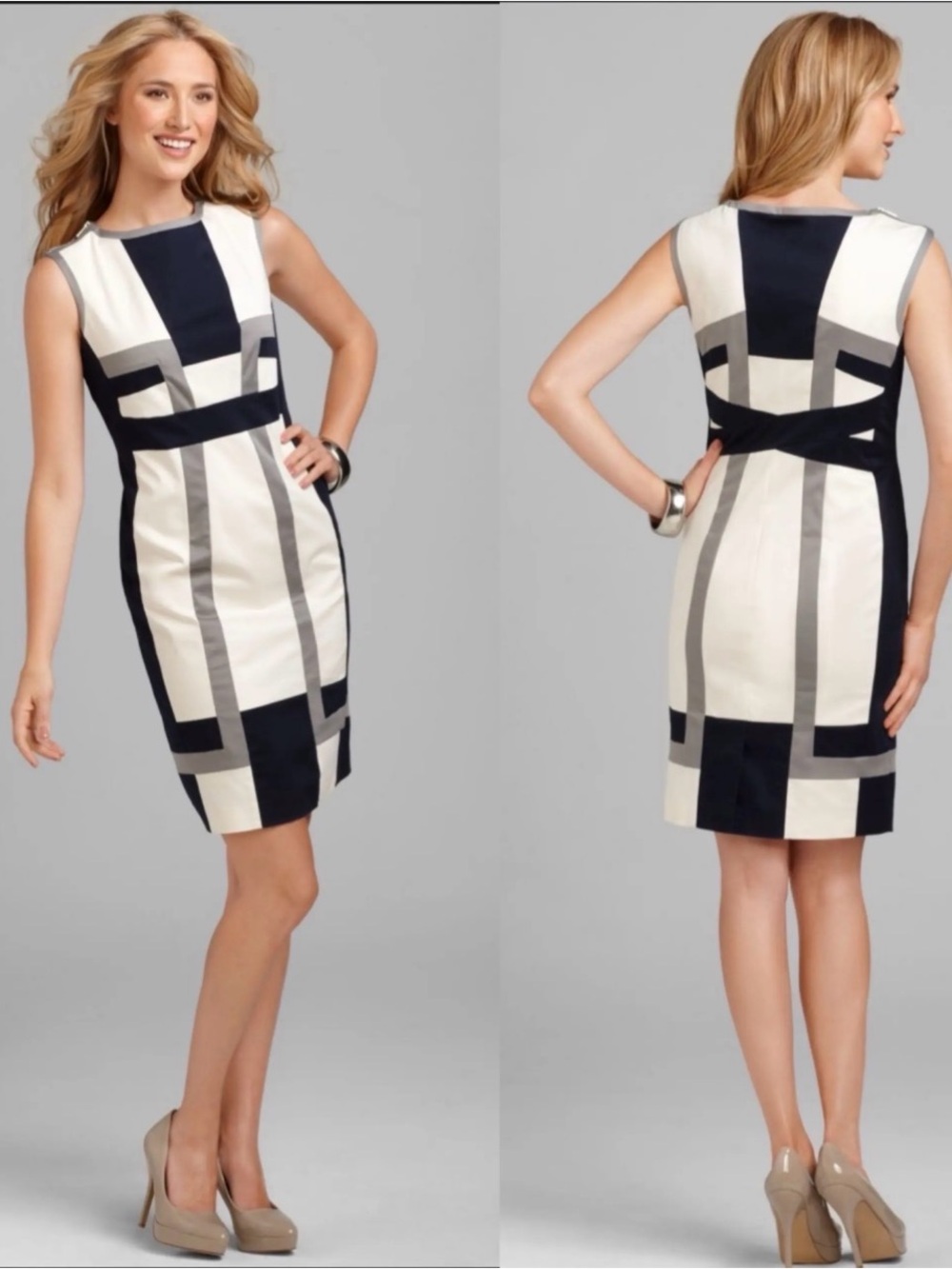 JAX Black Color Block Black Gray Ivory Short Sleeves Formal Pencil Dress Sz 10